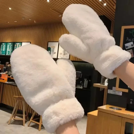 Women Cute Lovely Sweety Soft Solid Plush Fluffy Winter Keep Warm Gloves Cold Protection Windproof Thickened Mittens