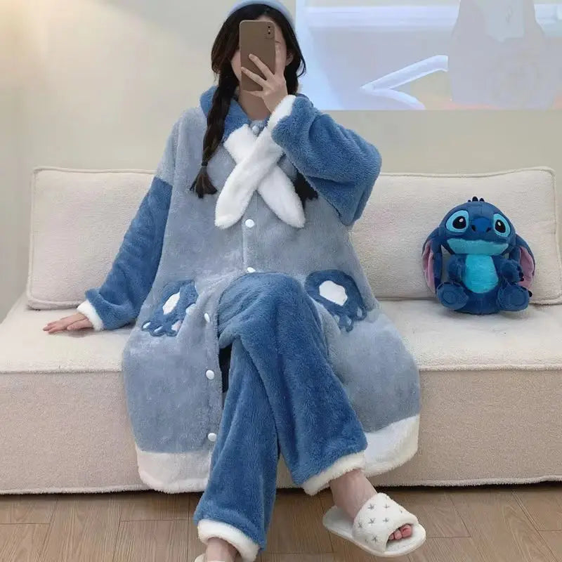 New Disney Cartoon Stitch Nightgown Suit Couple Design Luxury Plush Robes Hooded Pants Women Men Coral Fleece Pajamas Birthday