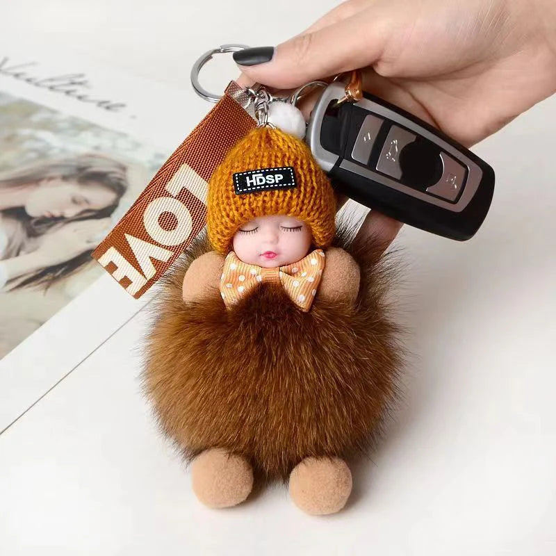 Cute Sleeping Baby Keychain Charm Cute Fluffy Plush Doll Car Keychain Fashion Women's Bag Charm Backpack Decoration Gift