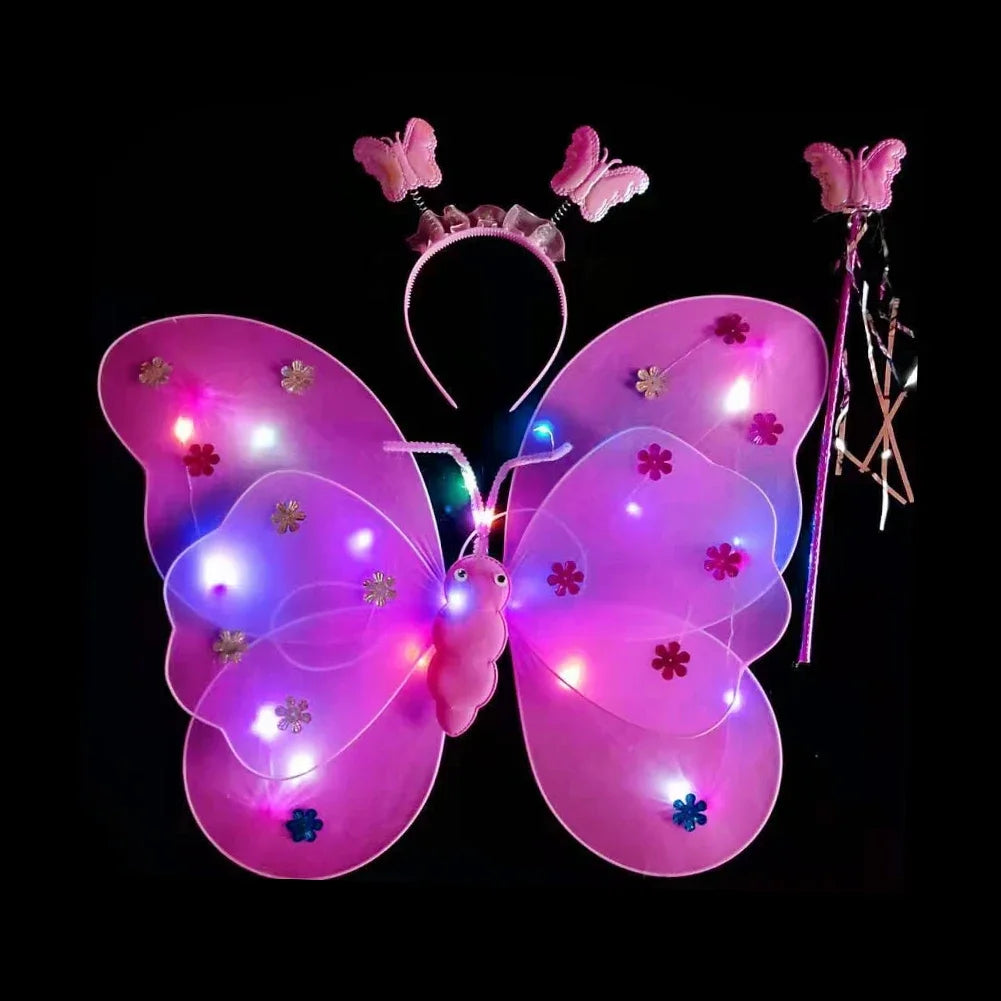 3/4Pcs/Set Double Layers Girls Led Flashing Light Fairy Butterfly Wing Wand Headband Costume Toy Gift Halloween Decoration