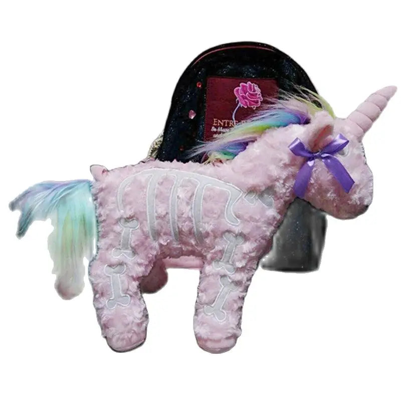 Dark Punk Unicorn Backpack Gothic Rock Pink Plush Flying Horse Skeleton Stuffed Crossbody Bag high quality gift for friends