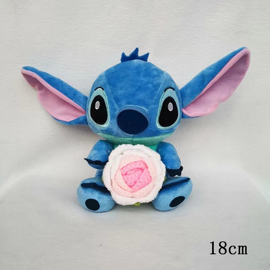 Disney Stitch Stuffed Plush Dolls Hand Woven Sunflower Rose Cartoon Stuffed Anime Blue Pink Plush Toys Christmas Birthday Gift