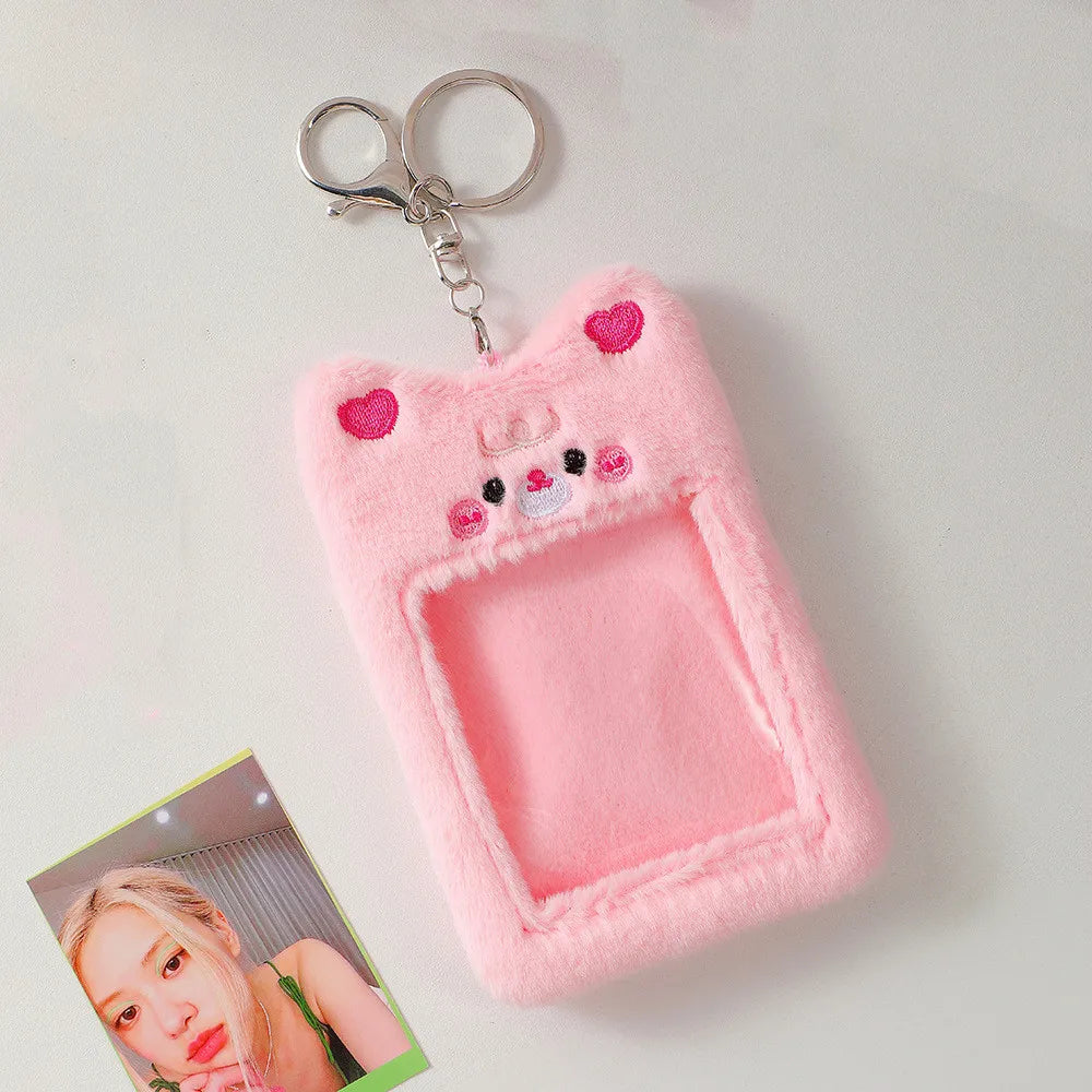 INS Cute Plush Dog Rabbit Photocard Holder Keychain Kpop Idol Photo Card Case Photo Bank Card Protective Case Display Holders