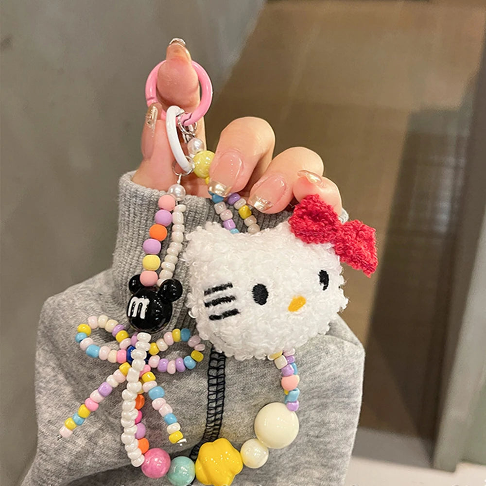 Sanrio Cute Hello Kitty Colorful Beaded Keychain Cartoon Plush Hanging Chain Phone Strap Wrist Strap Backpack Pendant Girl Gifts