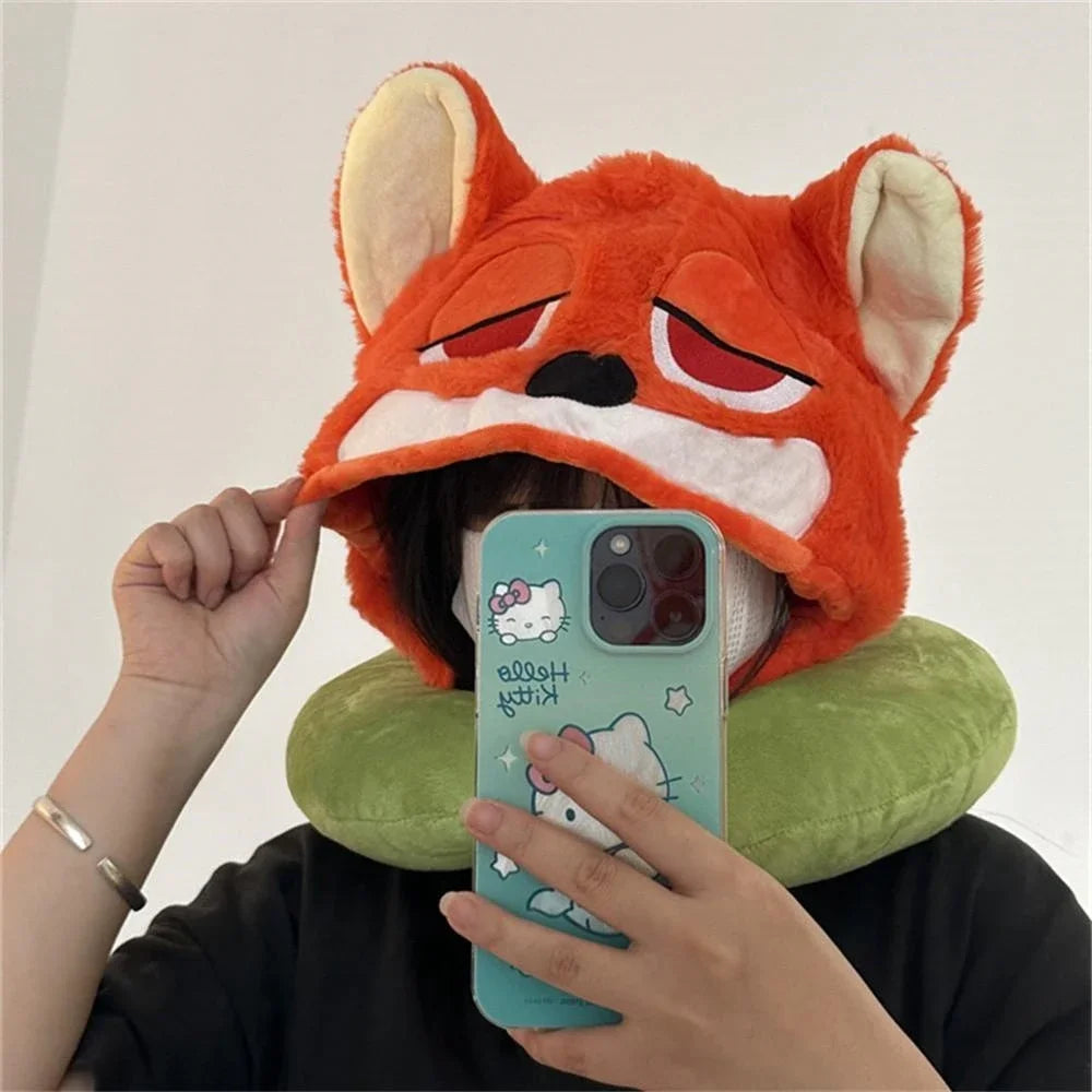 Disney Zootopia U-shaped Hooded Neck Pillow Nick Fox Blackout Travel Pillow With Hat Comfortable Nap Pillow Office Airplane Girl