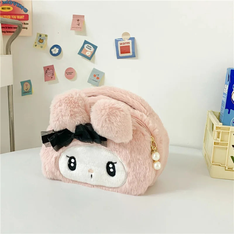 Sanrio Kawaii  Plush Kuromi Melody Make Up Cosmetic Bag Cartoon Large Capacity Storage Bags Portable Handbag Girl Birthday Gift