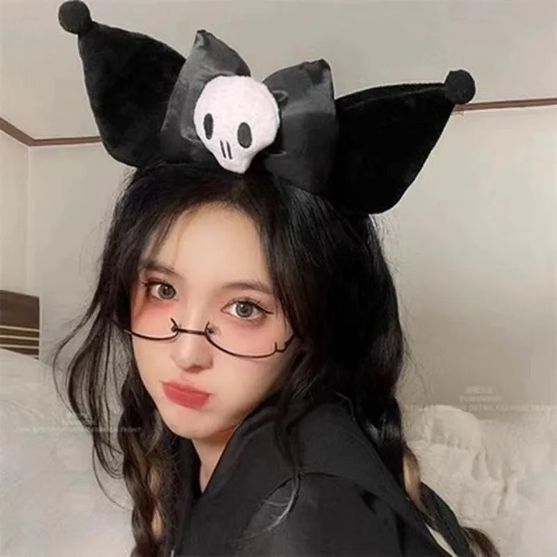 Halloween Sanrio Kuromi Hair Accessories Scary Cute Big Ears Bow Kuromi Face Wash Headband Plush Skull Cosply Prop Holiday Gift