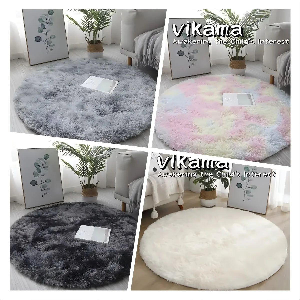 VIKAMA Cute Round Soft Shaggy Dirty Resistant Rug Modern Kids Bedroom Round Rug Plush Baby Room Shaggy Round Carpet