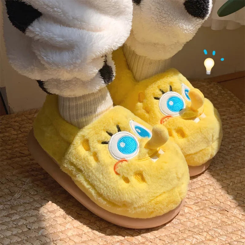 New Cartoon Anime Couples Spongebob Kawaii Slippers Plush Keep Warm Home Winter Soft Bottom Cute Shoes Men Women Lovers Shoes