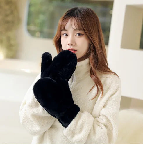 Women Cute Lovely Sweety Soft Solid Plush Fluffy Winter Keep Warm Gloves Cold Protection Windproof Thickened Mittens