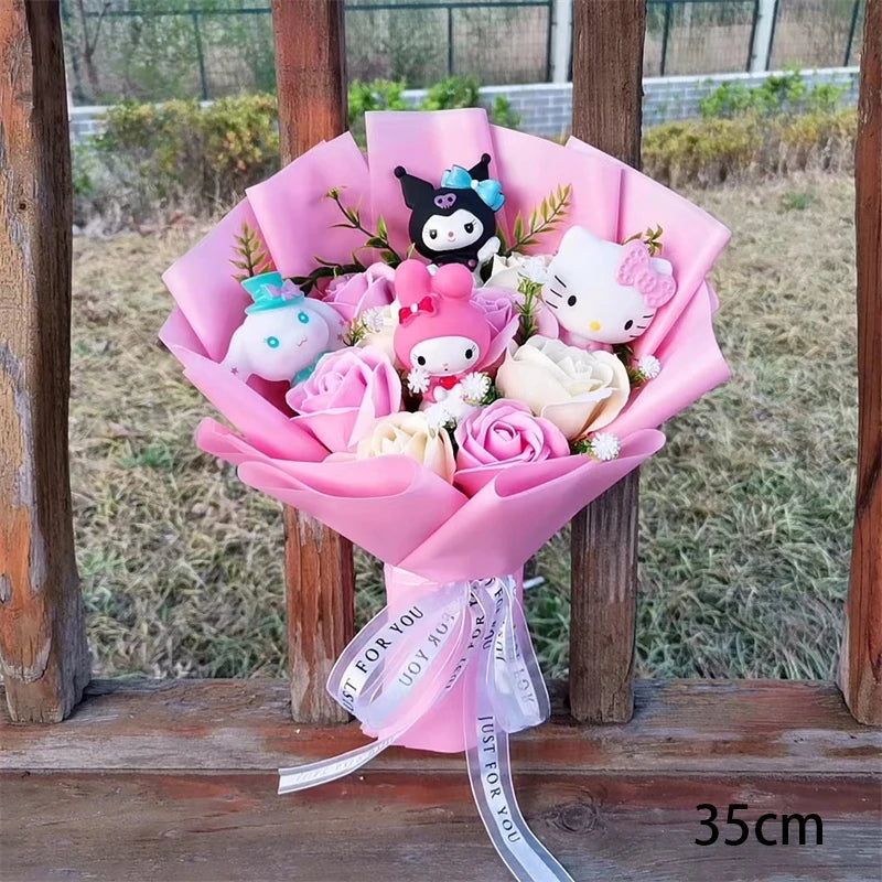 Anime Kuromi My Melody Cinnamoroll Hello Kitty Soap Flower Cartoon Plush Bouquet Valentine's Day Christmas Graduation Gift