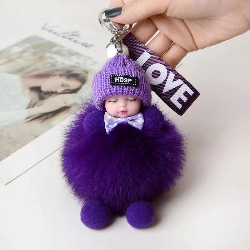 Cute Sleeping Baby Keychain Charm Cute Fluffy Plush Doll Car Keychain Fashion Women's Bag Charm Backpack Decoration Gift