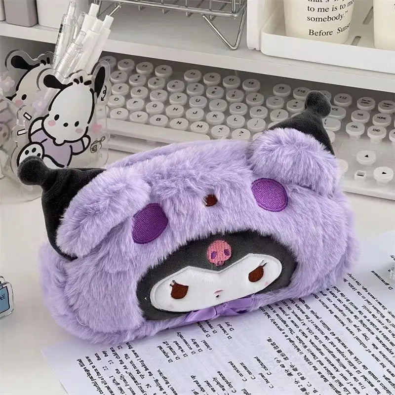 Kawaii Sanrio Plush Pencil Case Cinnamoroll Kuromi Makeup Bag Large Capacity Stationery Cosmetics Pencil Pouch Storage Bag Gift