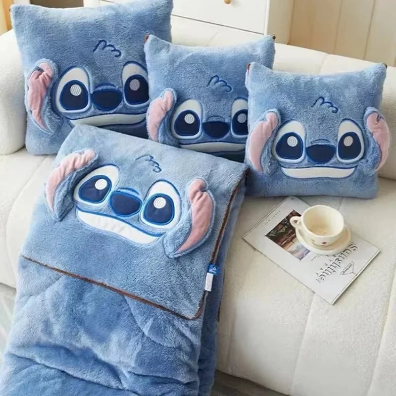 2024 New Disney Stitch Throw Pillow Blankets Two In One Kawaii Flannel Thickened Nap Blanket Living Room Kids Bedroom Decoration