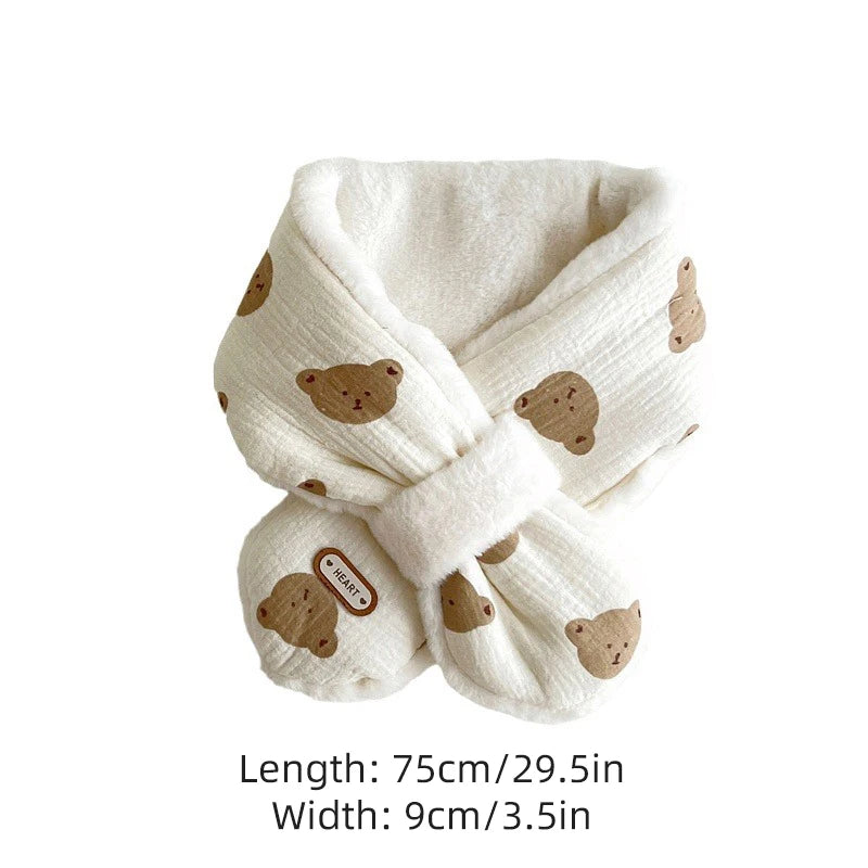 Korean Bear Print Baby Scarf Winter Plush Cross Scarves For Kids Boys Girls Warm Neckerchief