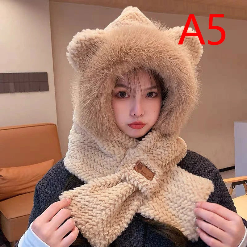 Winter Women Novelty Beanies Caps Warm Bear Ear Hat Casual Plush Hat Scarf Set Casual Solid Color Women Caps Present