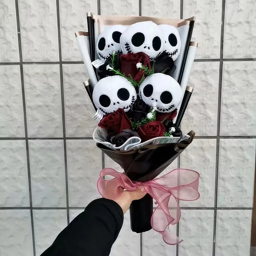 Halloween Jack Skellington Plush Doll Toys With Artificial flower Bouquet Stuffed Terror Skull Ghost Christmas Day/Birthday Day