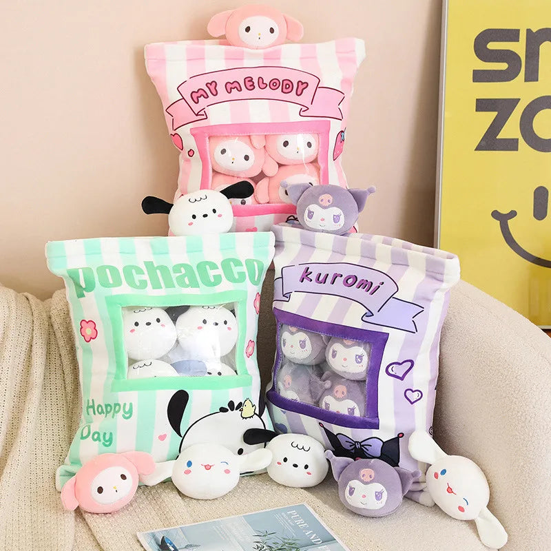 A Bag of Kuromi My Melody Plush Toy Pochacco Cinnamoroll 6pcs Doll in Bag Plushies Stuffed Anime Doll Creative Pillow Home Decor