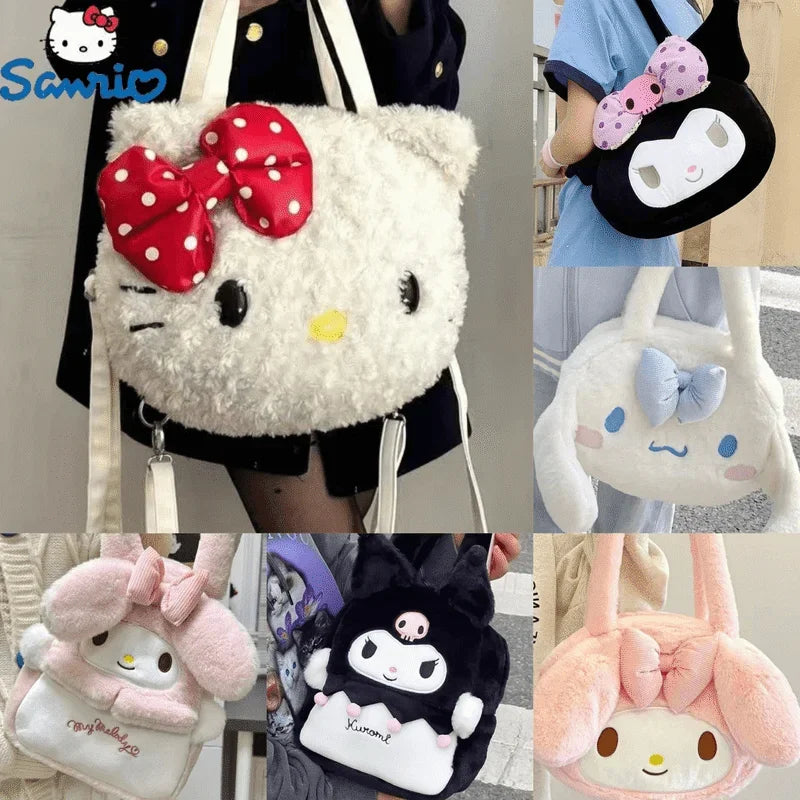 Kawaii Sanrio Hello Kitty Plush Bag Large Capacity Handbag Kuromi melody Tote Bags Y2k Fashion Women Bag Shoulder Bag Xmas Gift