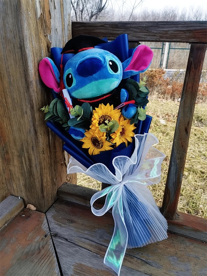 Hot Lilo & Stitch Graduation Plush Bouquet Toys with Sunflower Anime Stuffed Animals Student Graduation Souvenir Birthday Gift