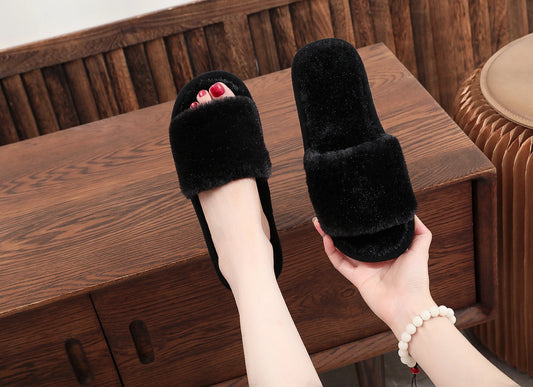 Winter Women Winter House Furry Slippers Non-Slip Casual Indoor Flats Floor Shoes Ladies Flip Flops Warm Shoes Solid Colors