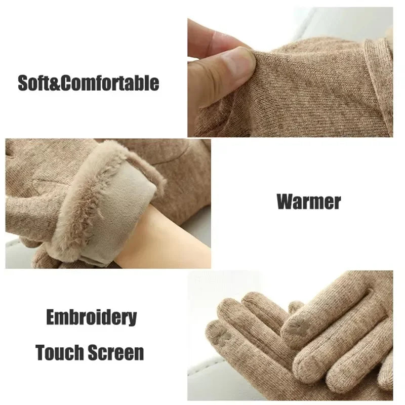 Winter Women Keep Warm Plus Velvet Touch Screen Thicken Plush Wrist Suede Gloves Fashion Personality Elegant Drive Cycling