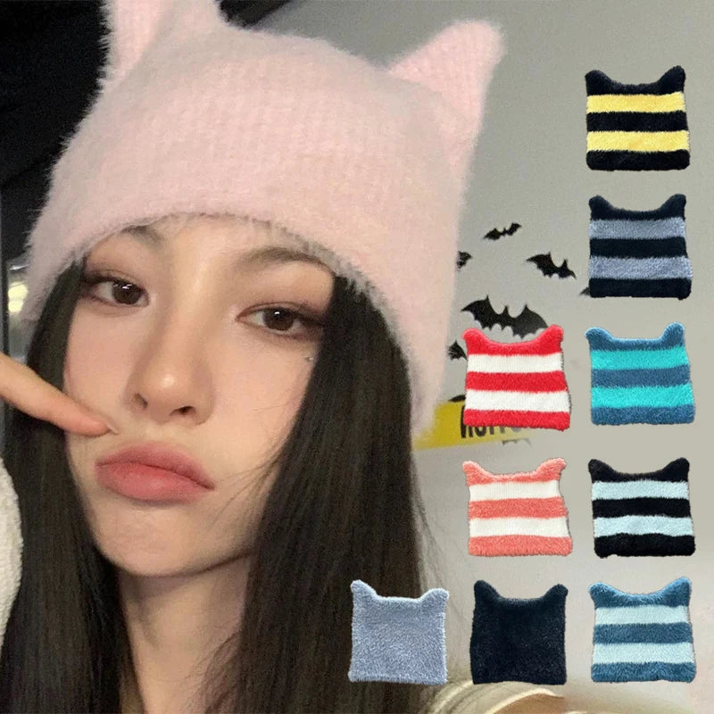 Korean Cute Solid Color Fluffy Cat Ear Knitted Hat Y2K Harajuku Plush Warm Cap Autumn Winter Knitting Hat For Christmas Gifts