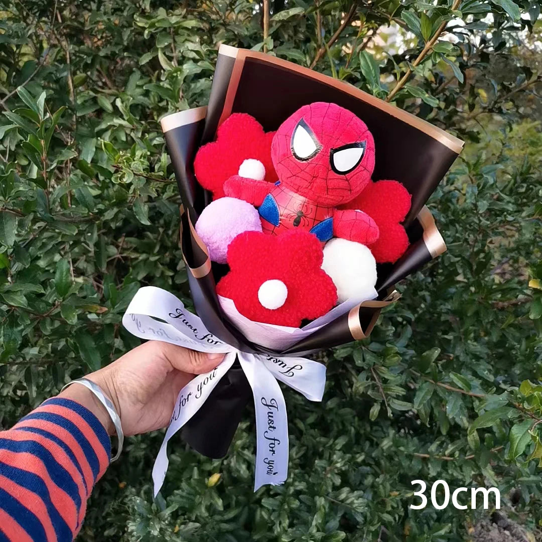 Animation Super Hero Spider Plush Doll With Rose Flower Bouquets Soft Stuffed Kids Graduation Christmas Day Birthday Gifts