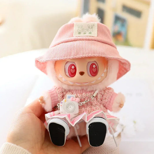 Mini Doll'S Clothes Outfit Accessories For 15-17cm Labubu Idol Knitted sweater JK pleated skirt camera shoes set Clothing Gift