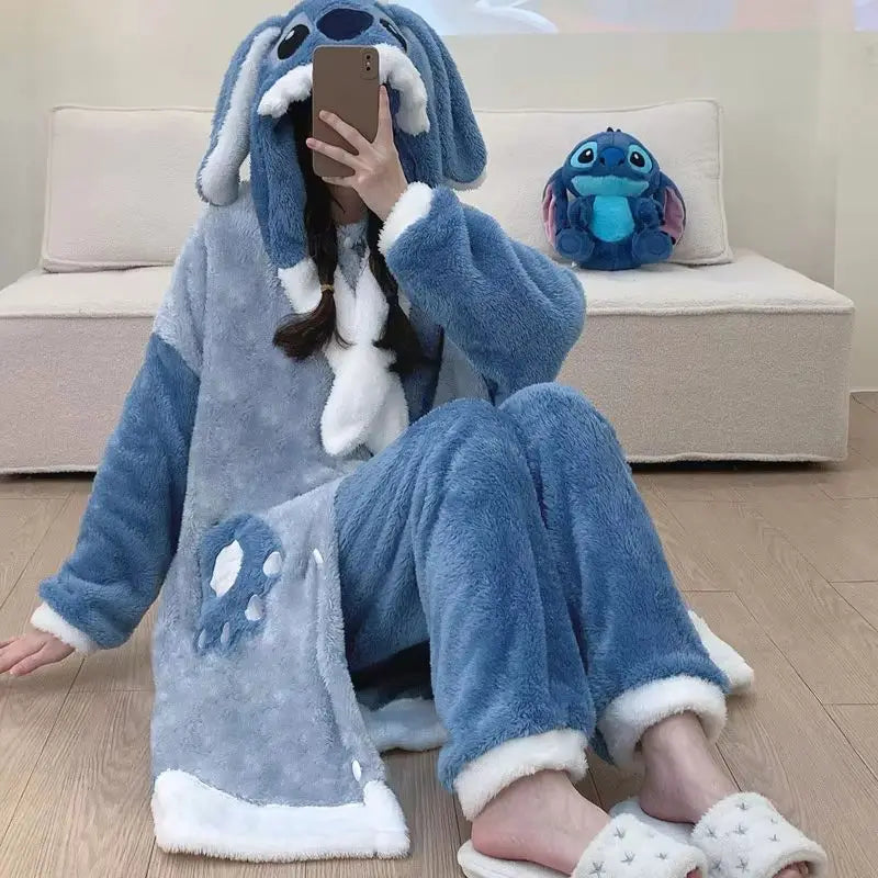 New Disney Cartoon Stitch Nightgown Suit Couple Design Luxury Plush Robes Hooded Pants Women Men Coral Fleece Pajamas Birthday