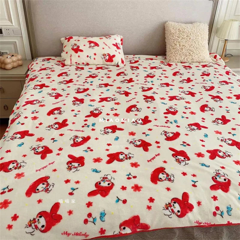 Sanrio My Melody Blanket Comfortable Warm Cartoon Hello Kitty Printed Flannel Blanket Car Blanket Bedspread Pillowcase Girl