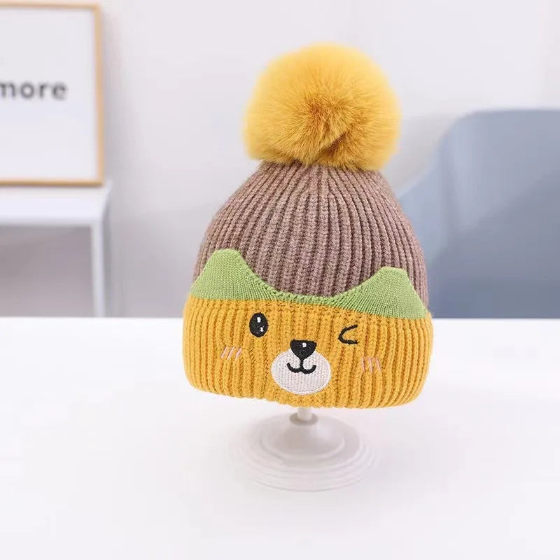 Soft Fluffy Baby Pompom Pullover Hat Cartoon Type Warm Baby Knitted Cap Plush Fluffy Windproof Winter Baby Earmuffs