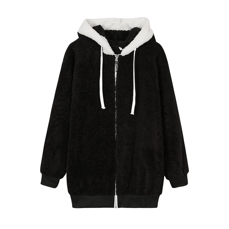 New Style Autumn And Winter Loose Plush Zipper Hooded Jacket Woman