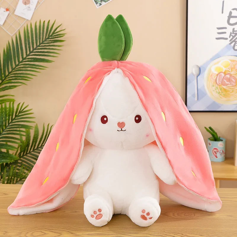 25CM Cute Transform Strawberry Rabbit Doll Plush Toy Carrot Rabbit Small Fruit Doll Bunny Birthday Gift for Girls Kids Boys