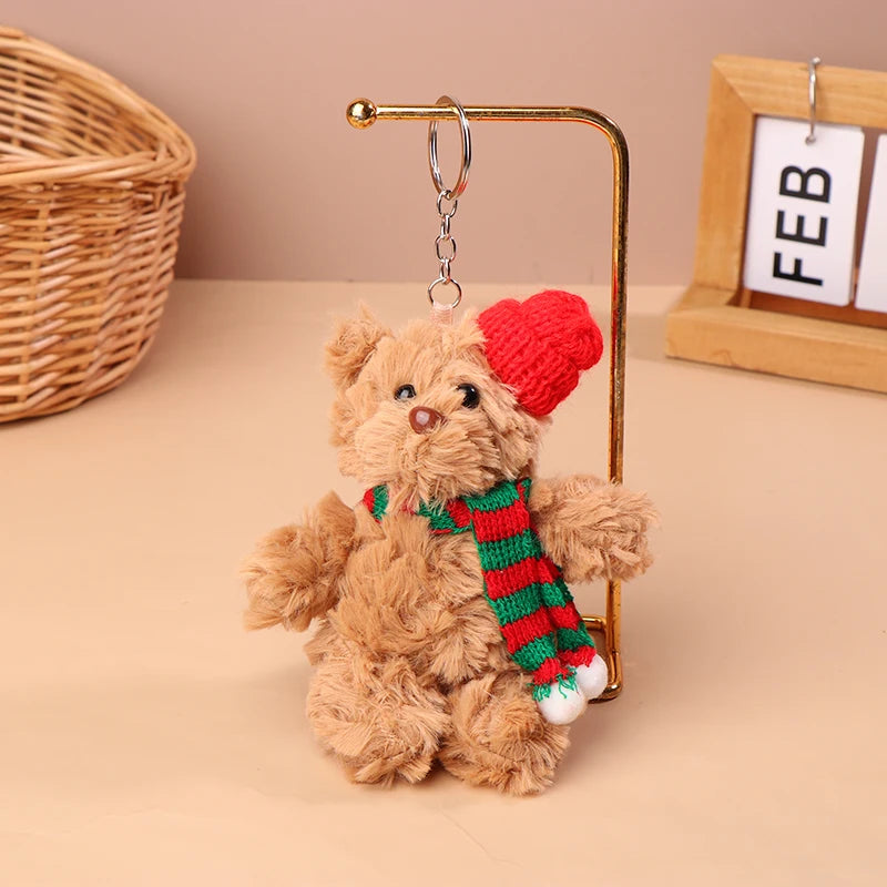 Christmas Bear Plush Toy Cartoon Bear Stuffed Keychain Plush Animal Keyring Cute Backpack Pendant Decoration Xmas Gifts