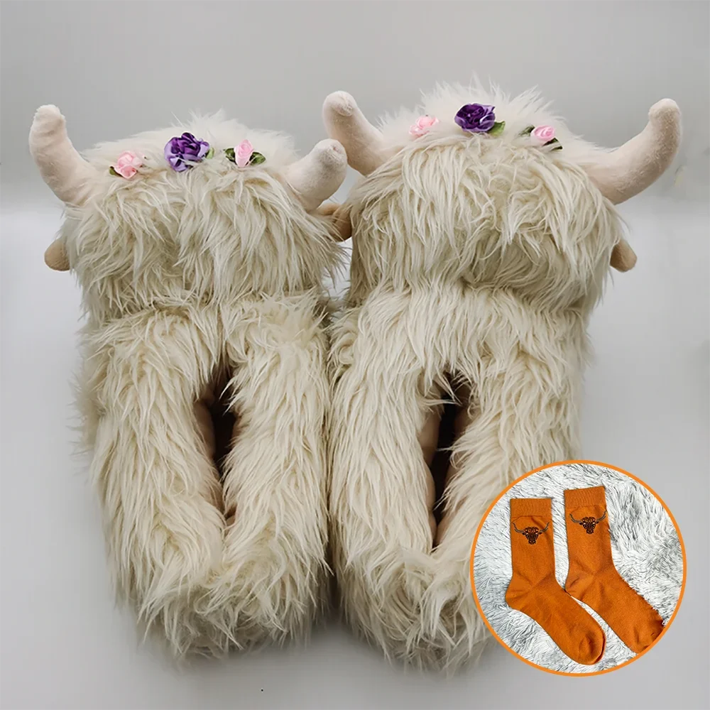 TreasuringU Highland Cow Plush Slippers with Stocks Animals Cow Slippers Kawaii Adult Kids Home Slippers Cattle Christmas  Shoes