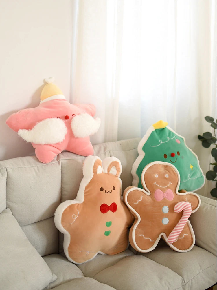 Cute Gingerbread Man Throw Pillow Christmas Tree Plush Toy Girly Room Decoration Lying Elk Plushies Soft Gifts For Girl