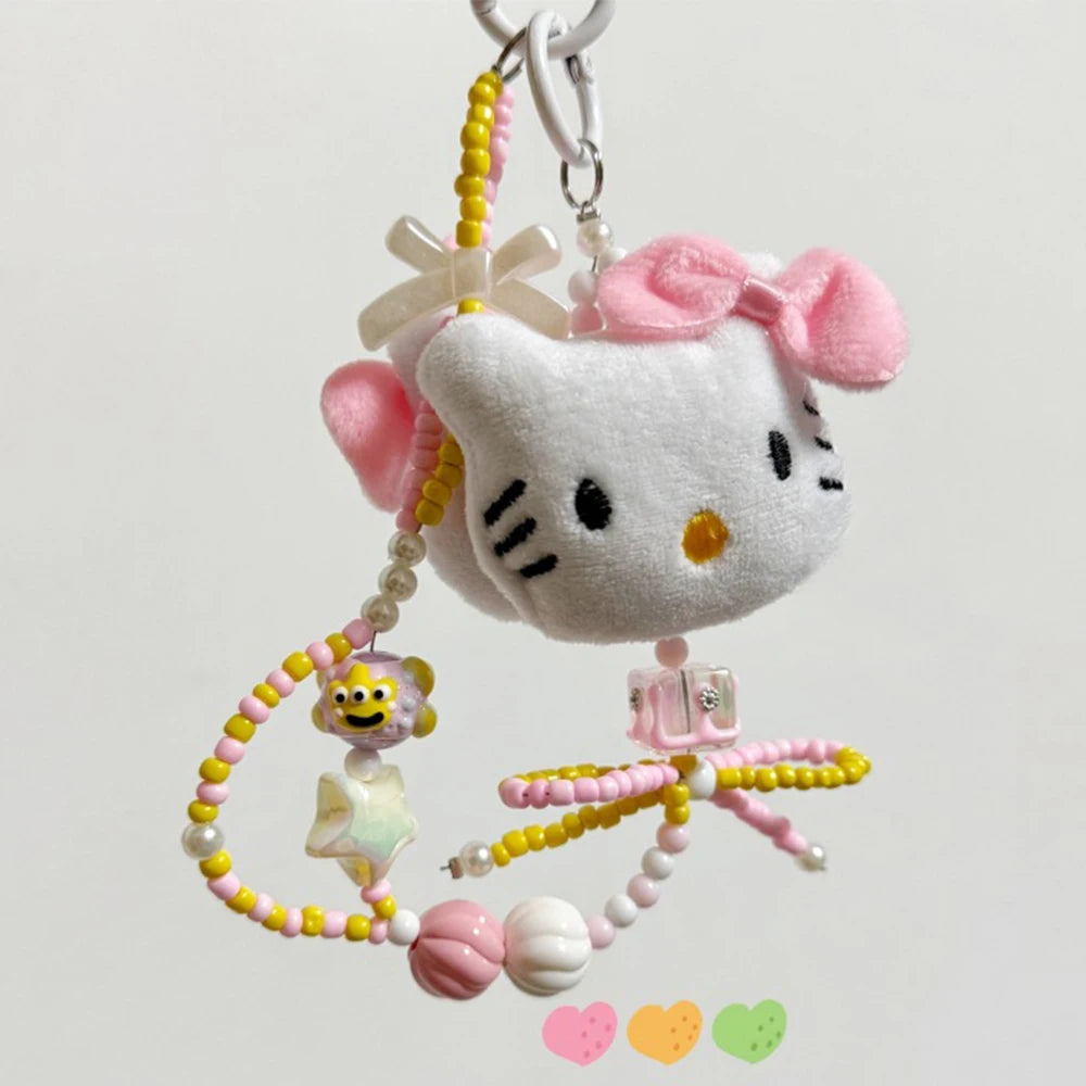 Sanrio Cute Hello Kitty Colorful Beaded Keychain Cartoon Plush Hanging Chain Phone Strap Wrist Strap Backpack Pendant Girl Gifts