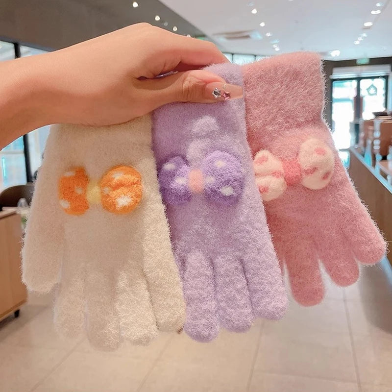 1Pair Winter Knitting Bowknot Plush Soft Five Finger Gloves Children Outdoor Warm Gloves Kids Colors Gloves