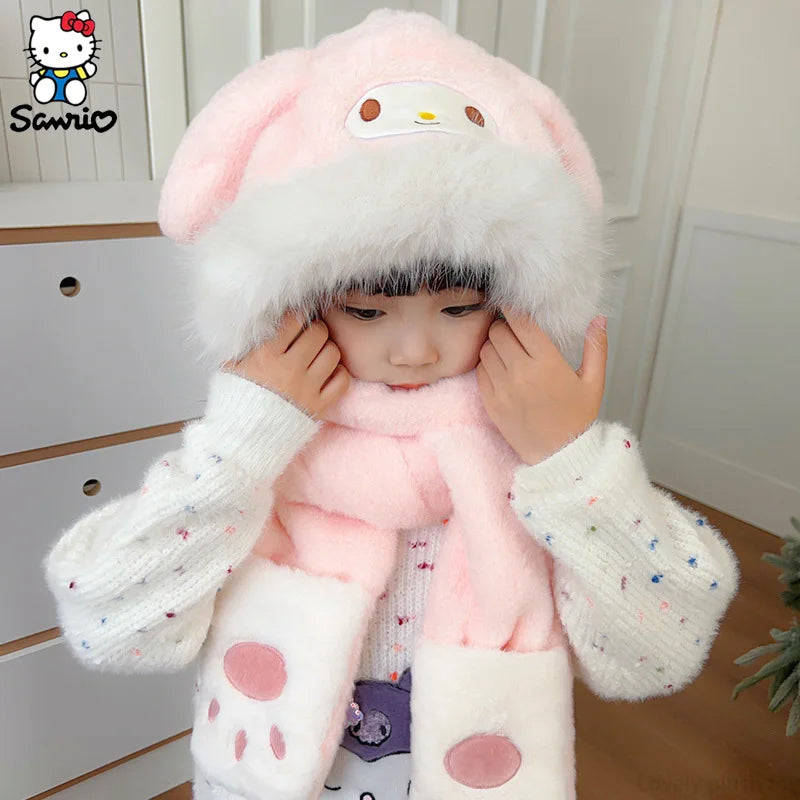 Kawaii Sanrio Kuromi Children Plush Scarf Hat Glove Cute Cosplay Party Anime Sweet Winter Warm Hat Girls Soft Plush Hat Gifts