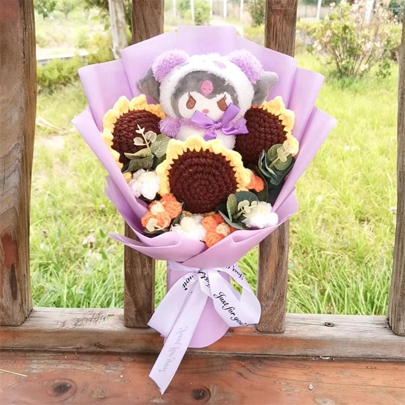 Kuromi Hello Kitty Kuromi My Melody Plush  Bouquet Handmade Knitting Sunflower Gift Valentine's Day Xmas Girl Friend  Gifts