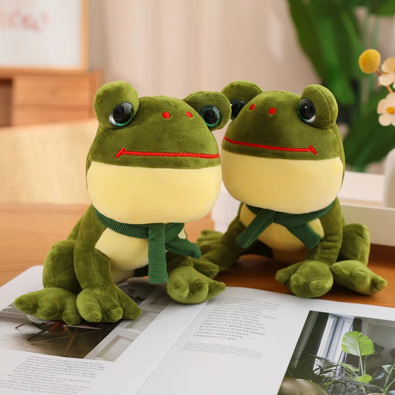 25cm Cartoon Cute Big Eyes Plush Green Frog Wearing Scarf Toys Baby Kids Accompany Peluche Soft Stuffed Animals Doll Nice Gift