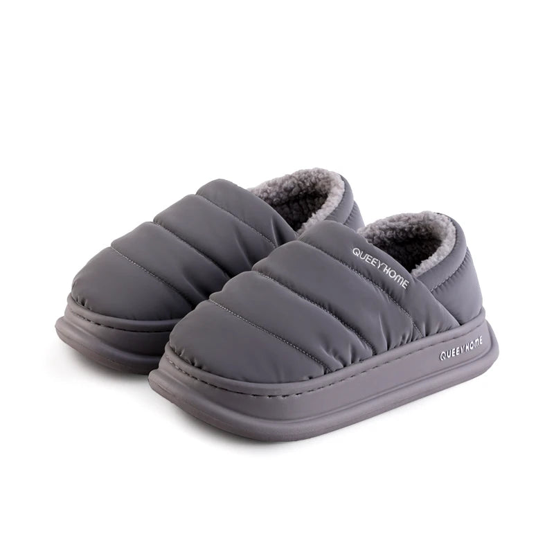 Queey Home Winter Woman Slippers Plush Interior Anti Slip Sole Thick Bottom Waterproof Shoe Upper Closed-Back  Warm Slipper Man