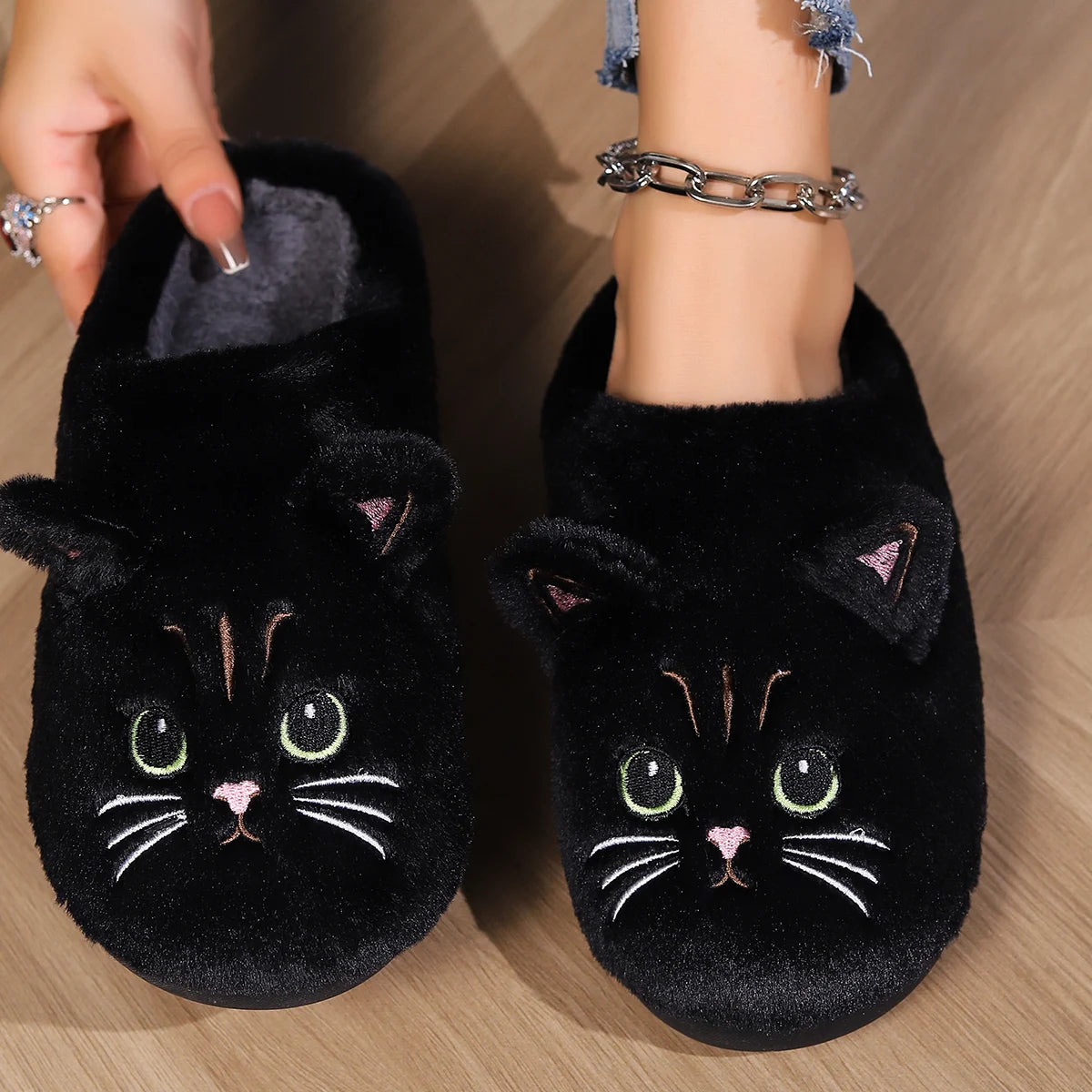 Kawaii Cartoon Cat Fuzzy Slippers - Ultra Soft Fabric Inner, Plush Flat Sole, Cozy Warmth, TPR Durable Outsole, Fabric Upper - P