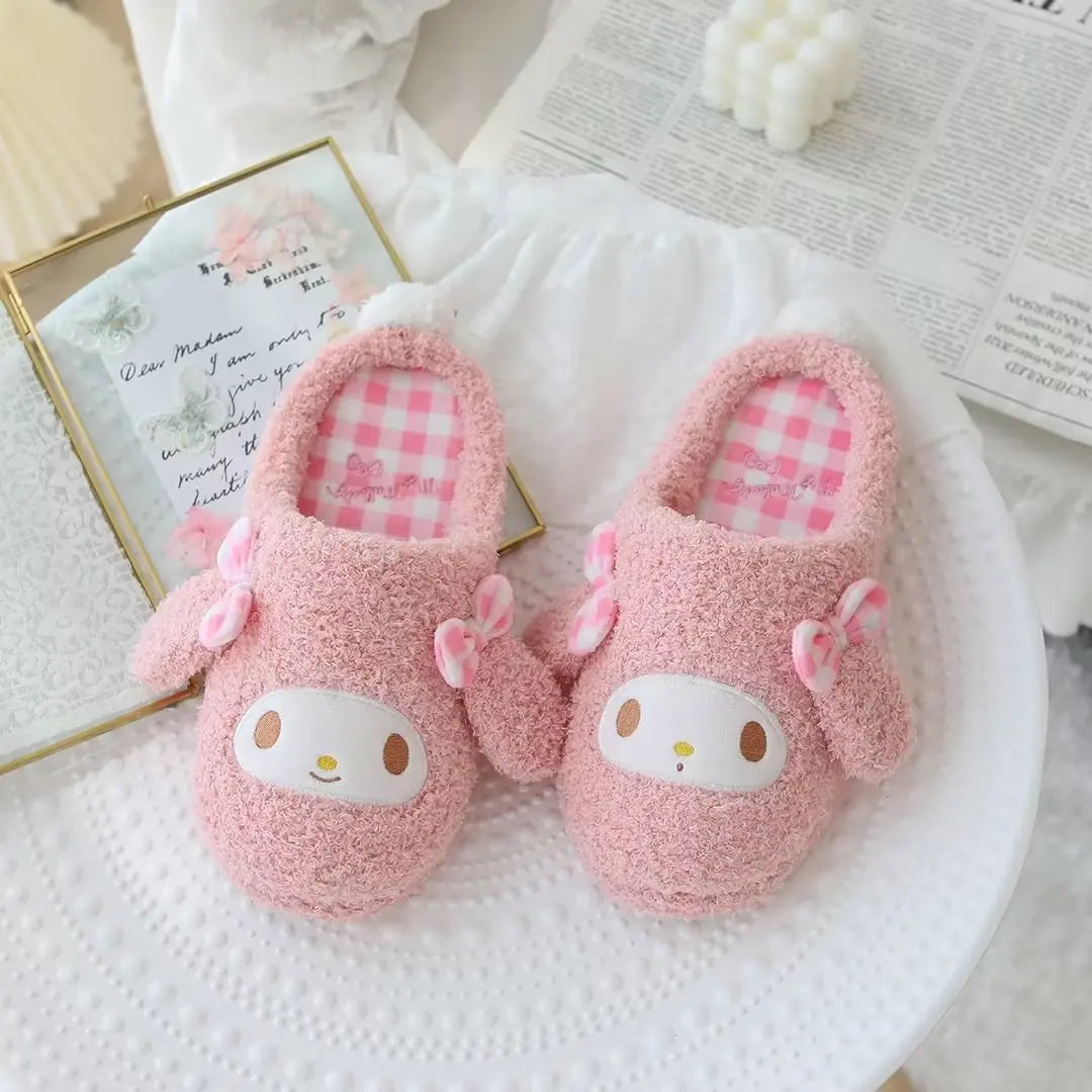 Lolita Cute Slippers My Melody Kuromi Plush Shoes Pom Pom Purin Japanese Style Indoor Shoes For Girl Autumn Winter Flat Non-slip