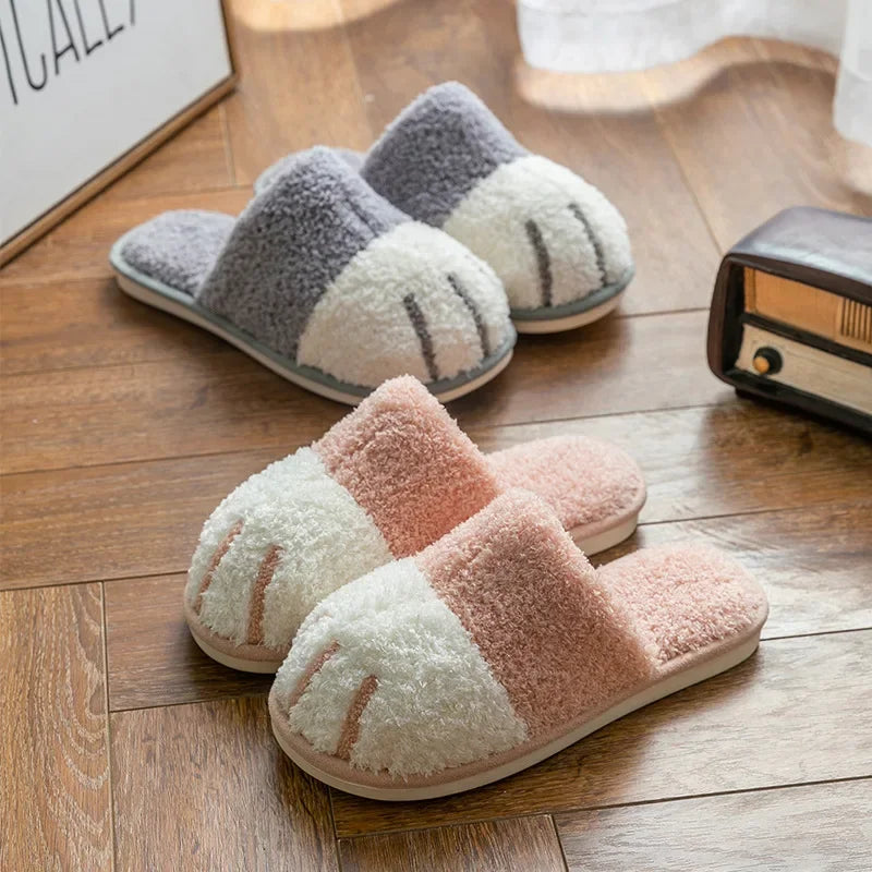 Winter Plush Slippers For Women Warm Cute Cat Paw Designer House Fur Slippers Indoor Bedroom Lovers Indoor Fluffy Shoes