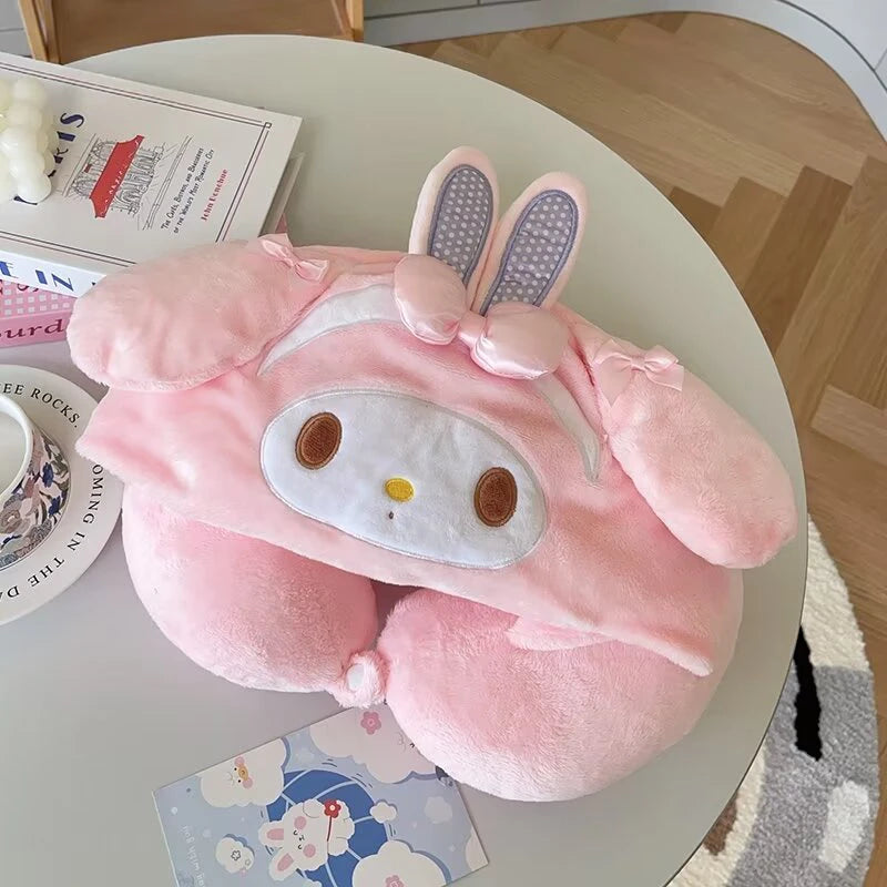 Disney Plush Dumbo Elephant Hooded U-shaped Pillow Stuffed Sanrio My Melody Marie Cat My Sweet Piano Travel Neck Pillow Office