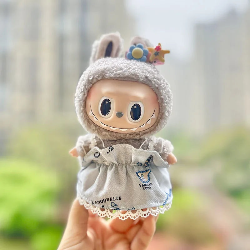 New 17cm Pendant Cute Labubu Doll Clothes Fashion Dress Headgear Stuffed Accessories Cos Anime Plush Cartoon Decor Birthday Toys