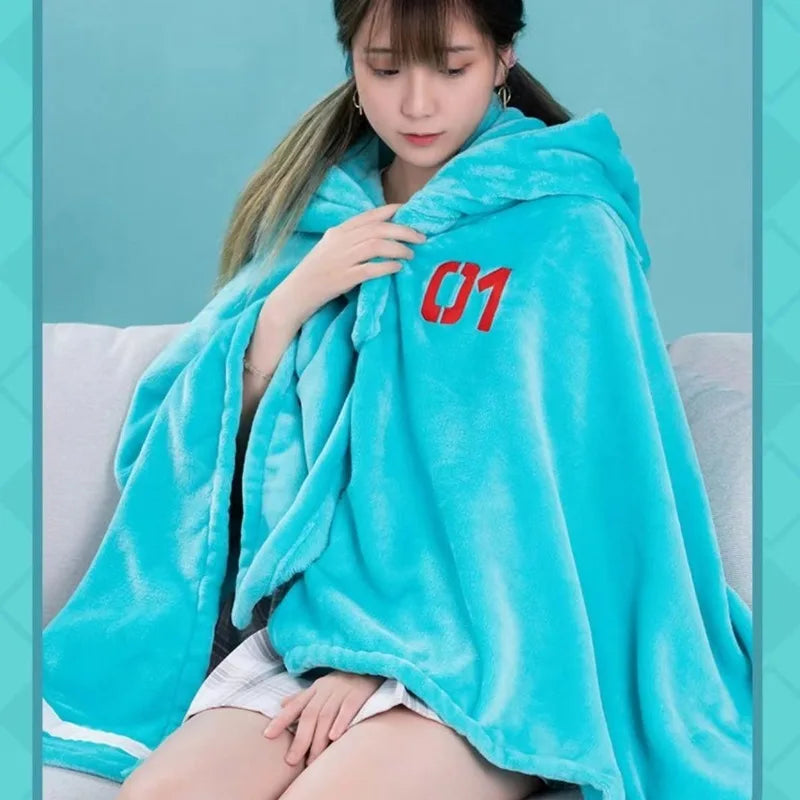 Kawaii Hatsune Itabag Multi Functional Hooded Air Conditioning Blanket Soft And Warm Siesta Shawl Miku Flannel Cloak Gift