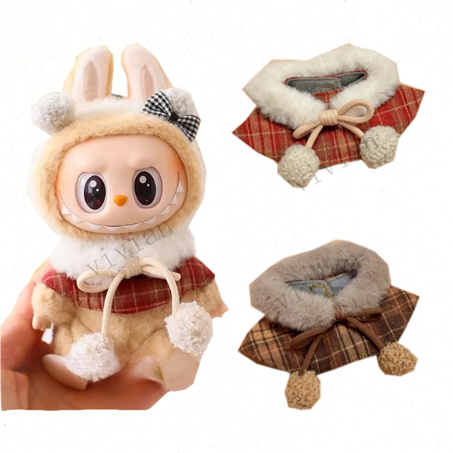 For 15-17cm Labubu doll Clothes Macaron outfit Sitting Party Christmas Checkered Plush Cloak Clothes V2 Christmas costumes